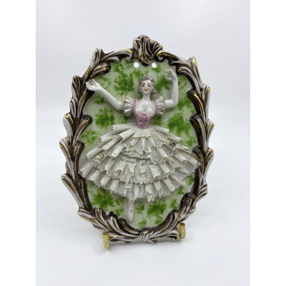 Occupied Japan 3D Porcelain Ballerina Hand‎ Painted Wall Plaque Lace Skirt